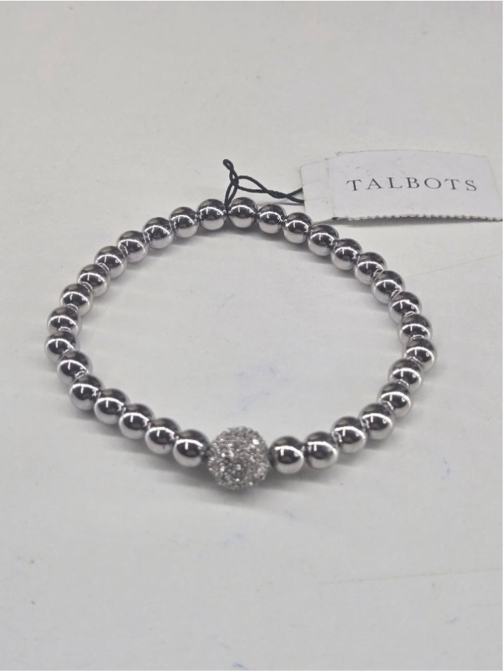 NWT Talbots Silver Tone Beaded Stretch Bracelet Pave Crystal Ball Casual Luxury